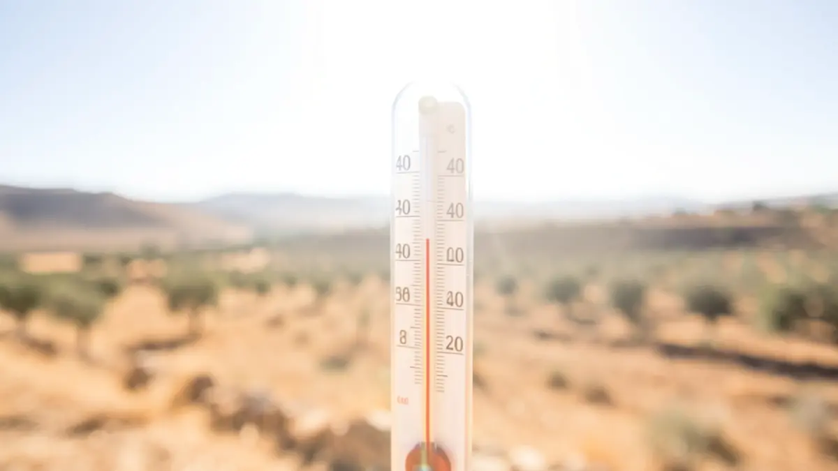 Termómetro marcando 40 grados en un paisaje andaluz seco.