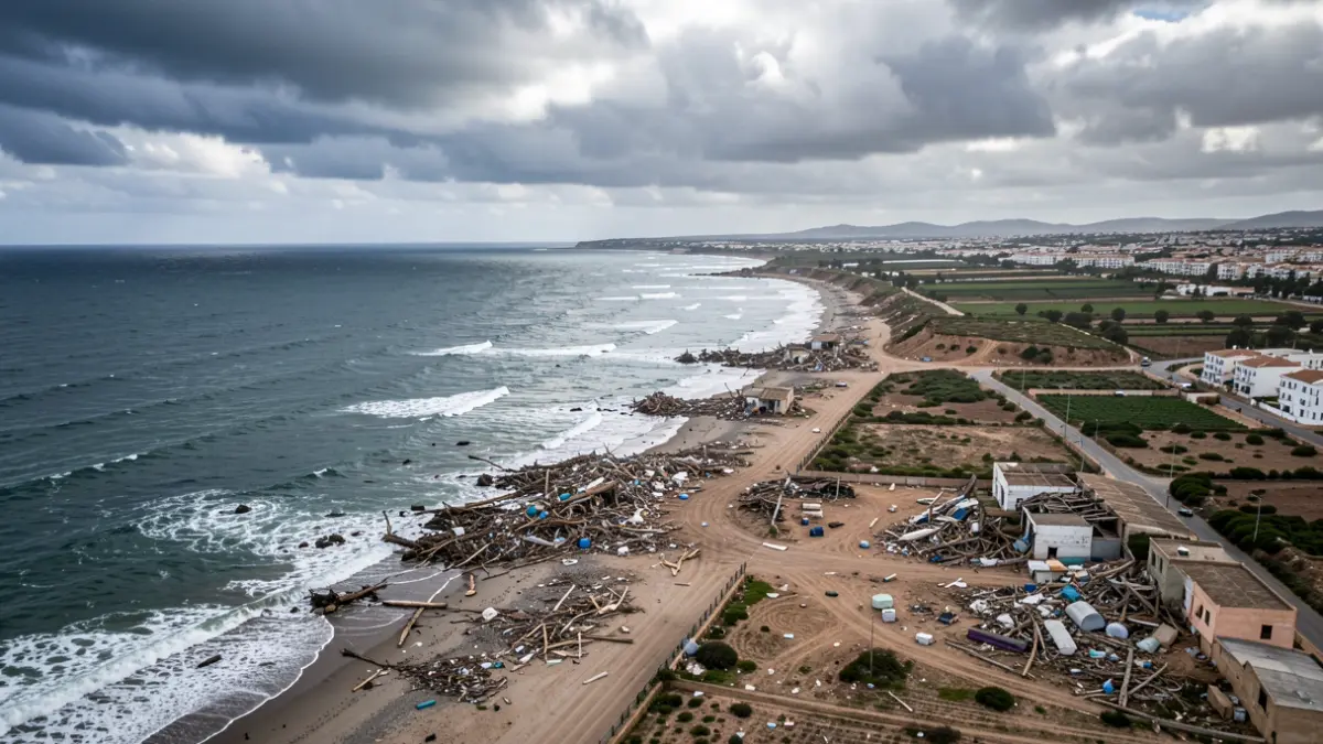 Aerial view of the Andalusian coast showing storm damage.