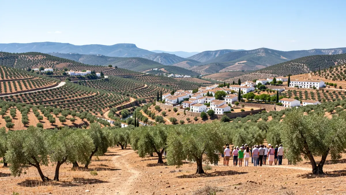 Vista panorámica de la Sierra de Segura con colinas, olivares y pueblos blancos bajo el sol.