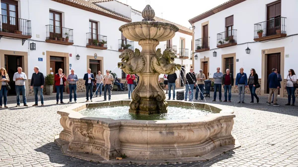Fuente de la Estrella en Baeza tras su restauración, con agua brotando y rodeada de arquitectura andaluza.
