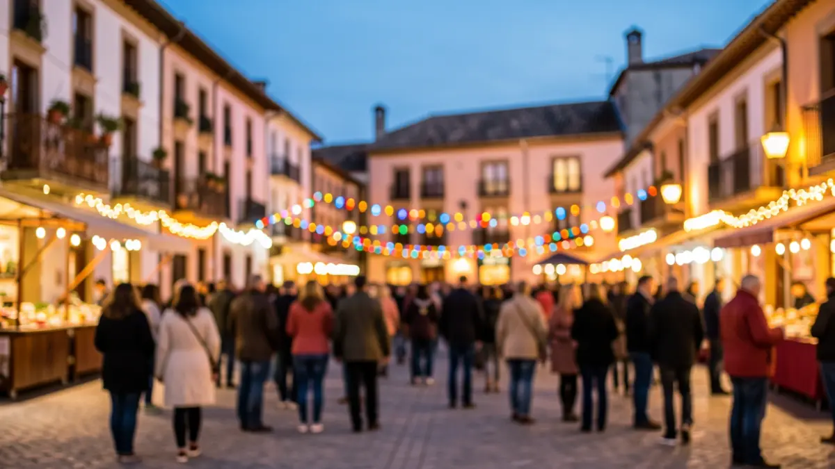 Imagen genérica de una plaza de pueblo español al atardecer con ambiente festivo.