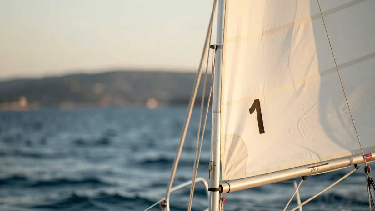 An Optimist class sailboat with the number '1' on its sail, sailing in the Bay of Cádiz.