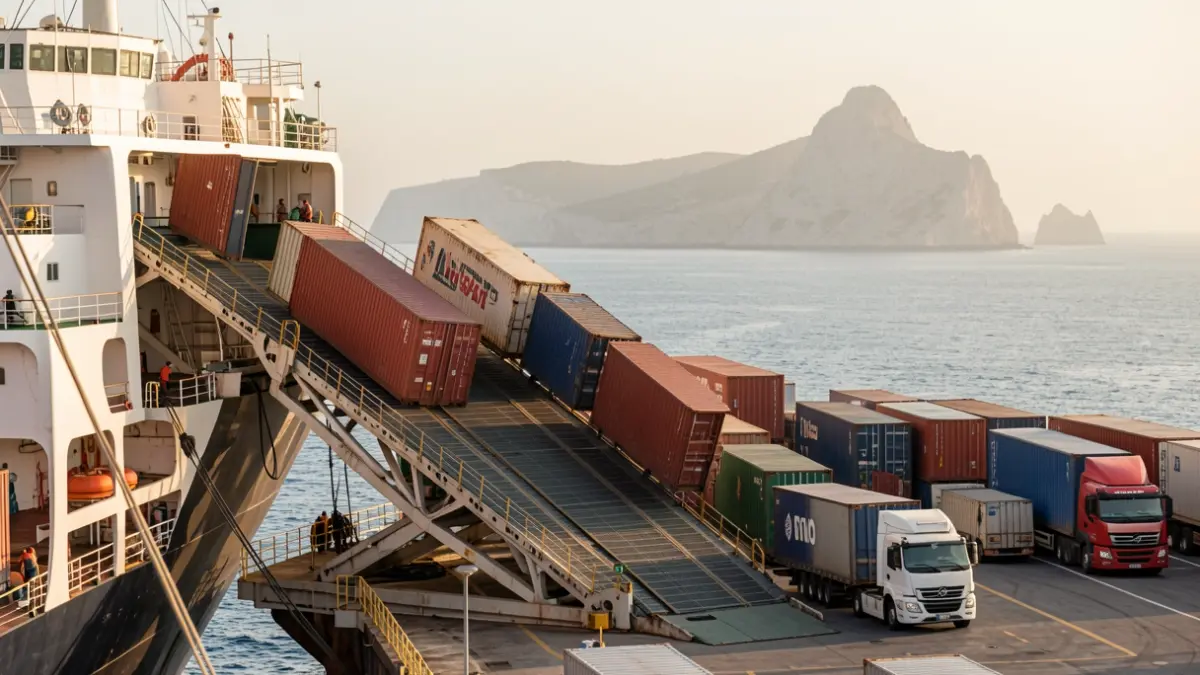 Imagen de carga de mercancías en un buque en el Puerto de Algeciras con el Estrecho de Gibraltar al fondo.