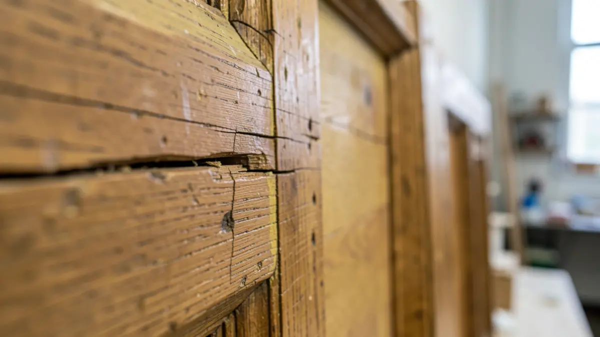 Primer plano de un panel de madera de roble dañado de un tríptico, mostrando detalles intrincados de pintura al óleo y grietas, con una sutil capa de barniz amarillento visible. La iluminación suave y difusa resalta la textura y la antigüedad de la obra.