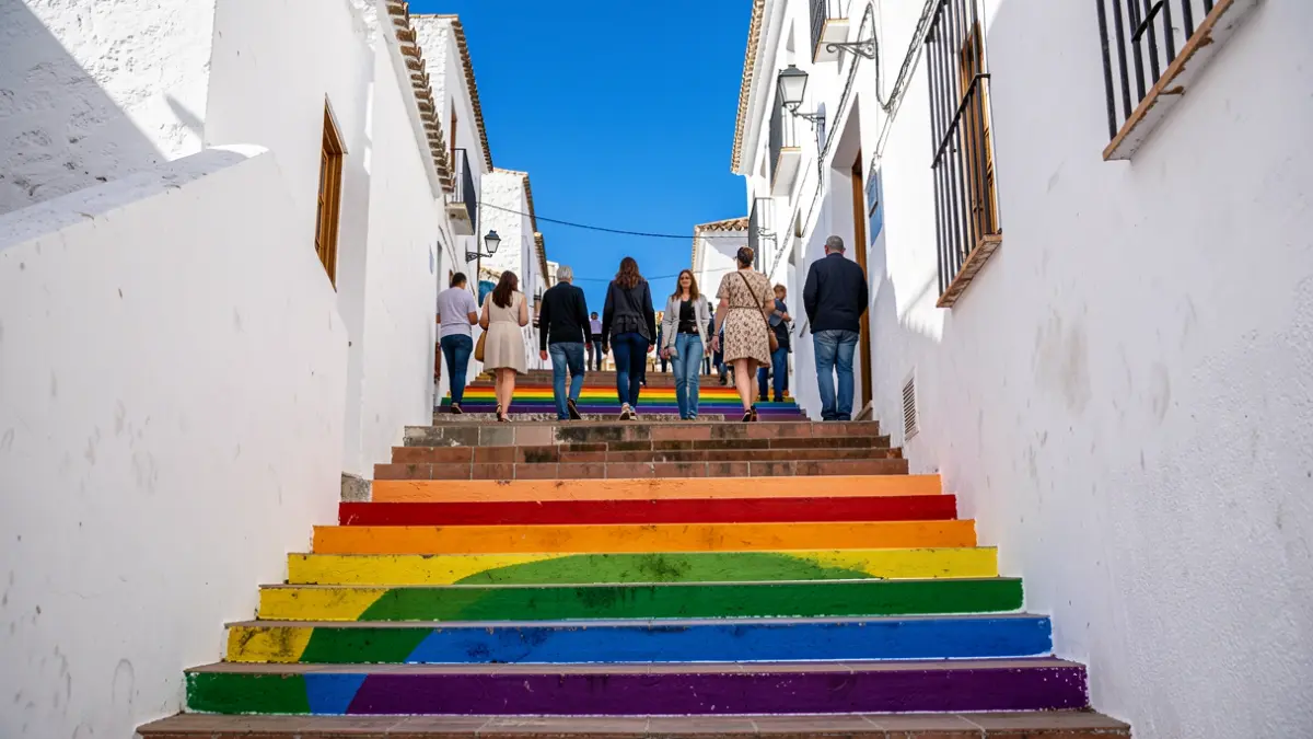 Escaleras pintadas con los colores del arcoíris en Benamargosa como símbolo de diversidad.