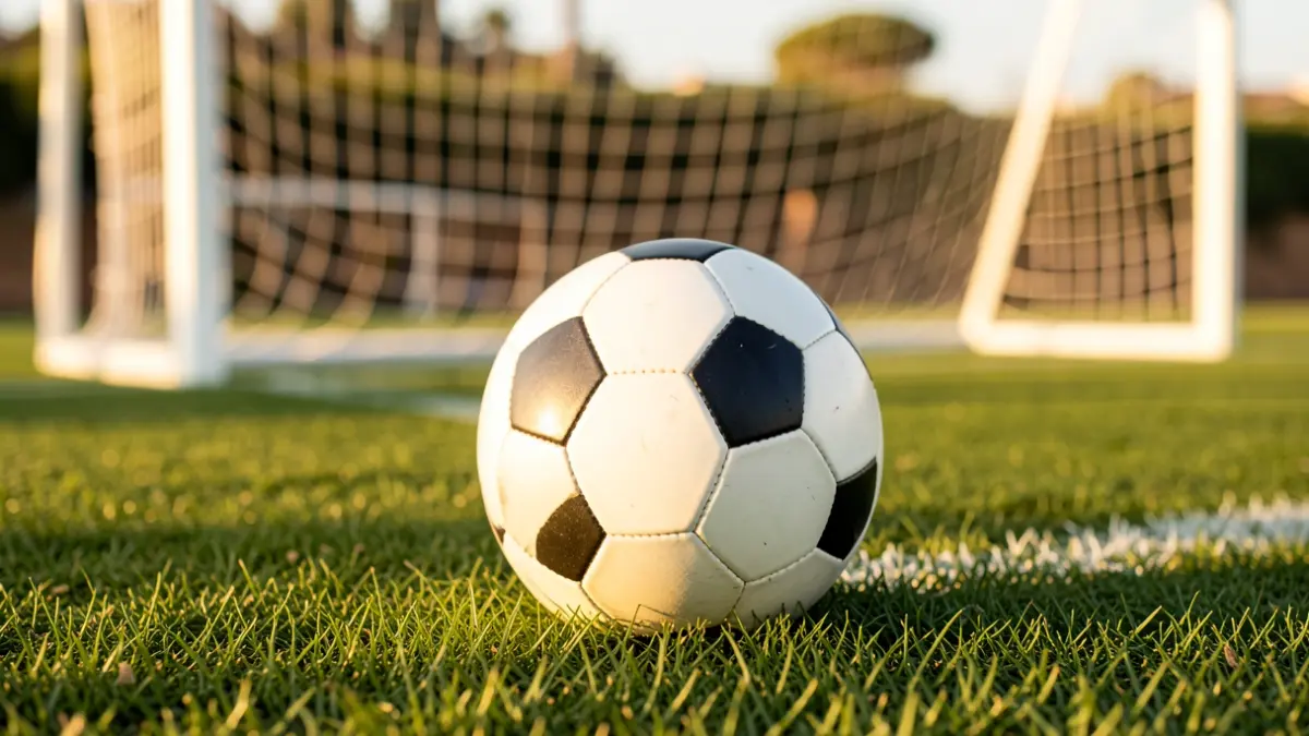 Generic image of a soccer ball on grass with the net in the background.