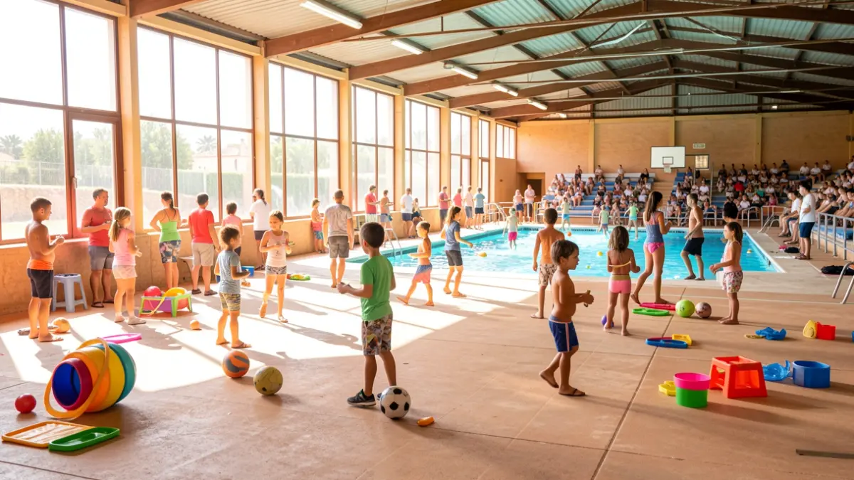 Imagen genérica de un pabellón deportivo municipal en Andalucía durante el verano, con equipamiento deportivo y luz solar.
