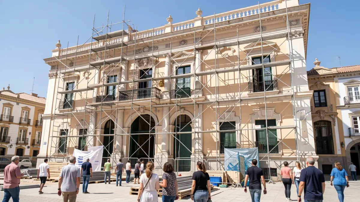 Fachada del edificio histórico Valcárcel en Cádiz durante obras de rehabilitación.