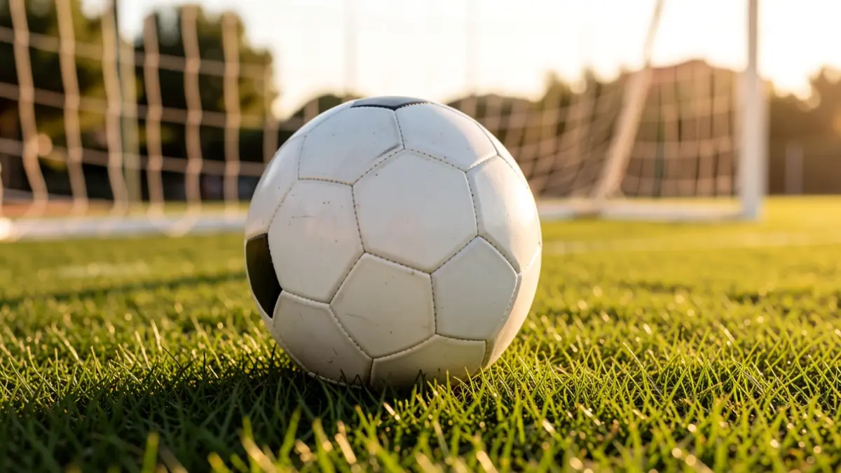 Imagen genérica de un balón de fútbol sobre césped con la portería desenfocada.