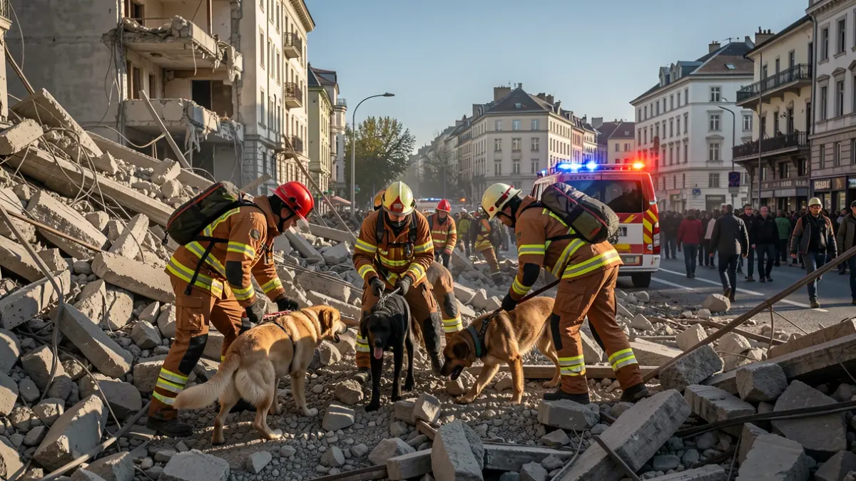 Rescue team and dogs searching through rubble in a devastated area.