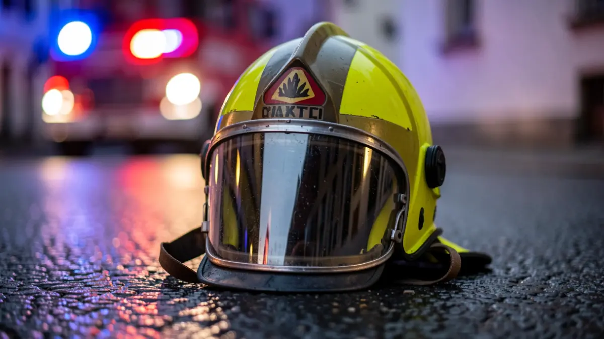 Close-up of a firefighter's helmet with emergency lights reflected.
