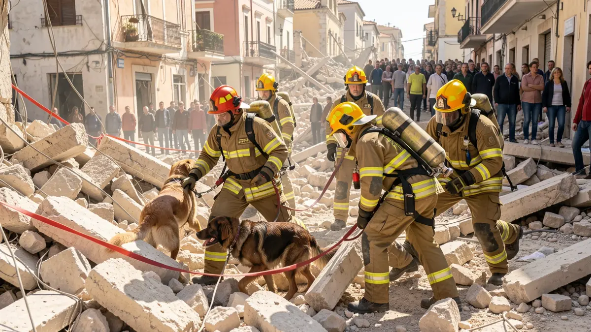 Firefighters working in search and rescue operations among rubble in Venezuela.