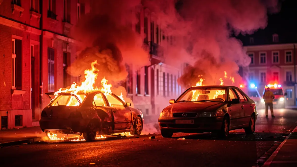 Image of two cars on fire in a street in Ronda.