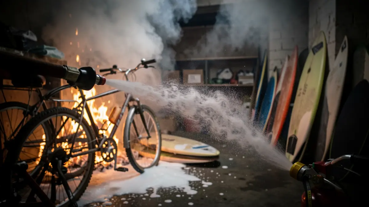 Fire extinguisher spraying foam onto burning bicycles and surfboards inside a dark storage room.