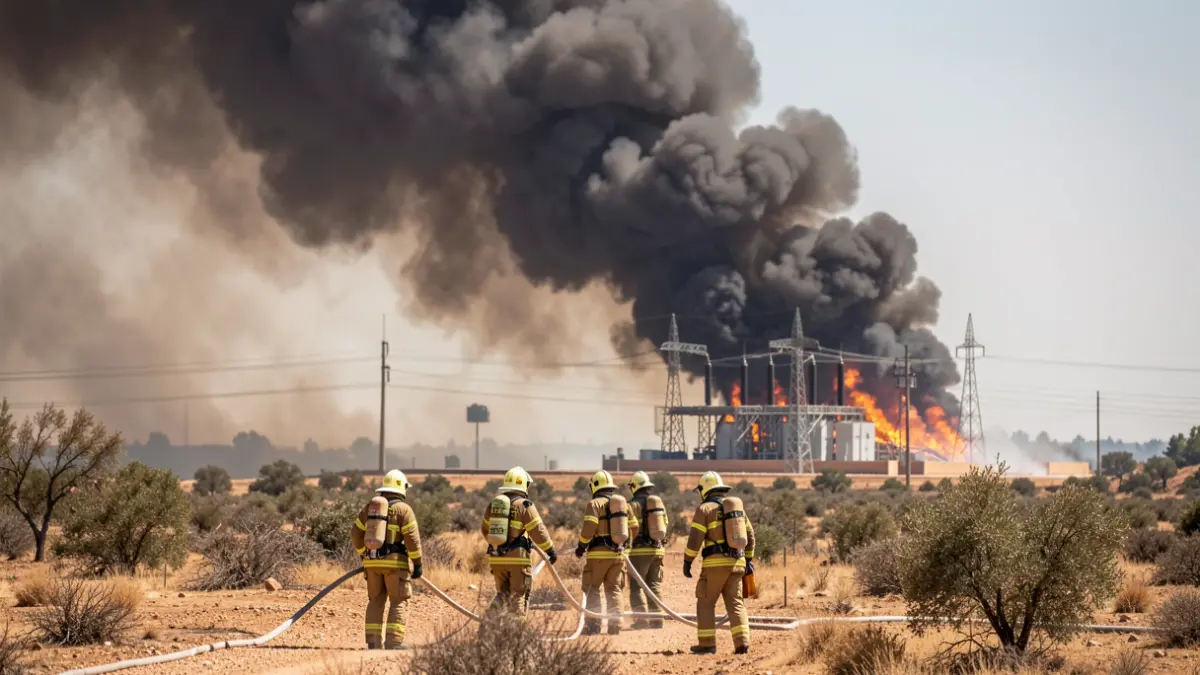 Imagen genérica de bomberos luchando contra un gran incendio forestal cerca de una subestación eléctrica.