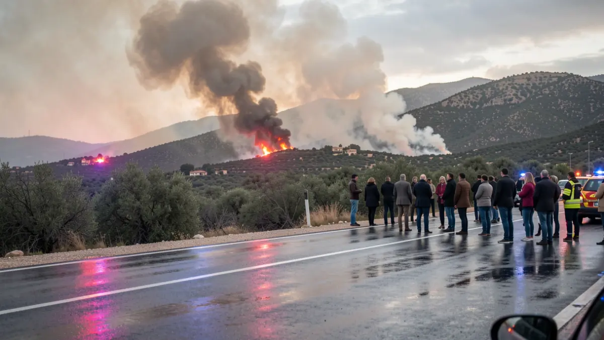 Image of a scrubland fire in the northern area of Granada with emergency lights.