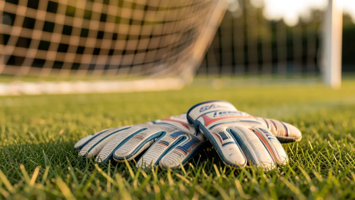 Imagen genérica de guantes de portero sobre césped de campo de fútbol.