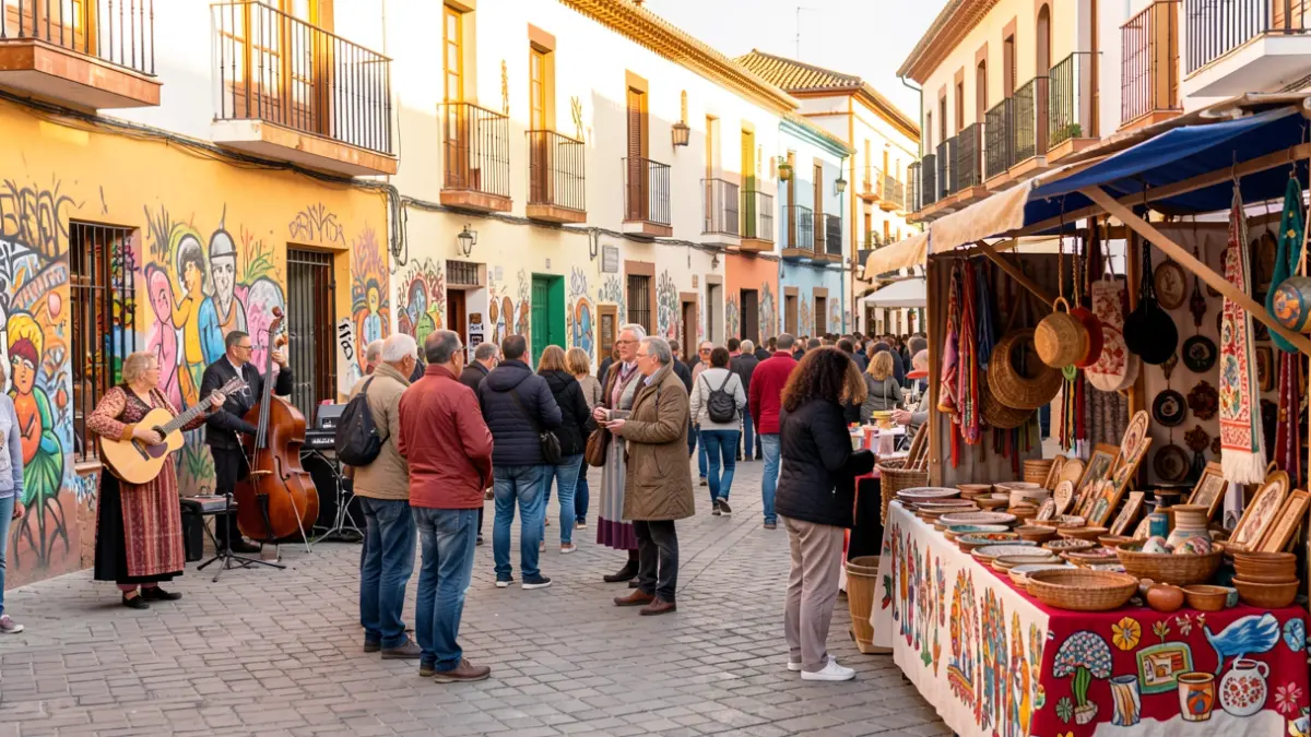 Imagen genérica de un festival cultural en un pueblo andaluz con mercado artesanal y escenario.