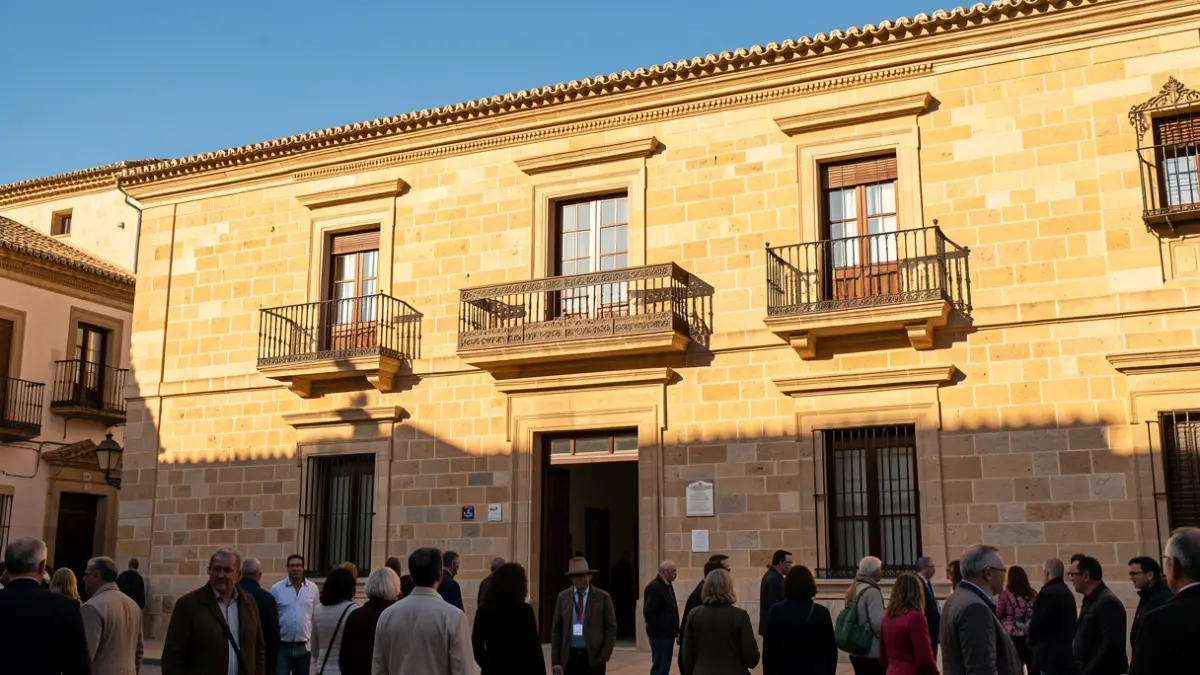 Fachada de un ayuntamiento tradicional andaluz con balcón y barandillas de hierro, bajo la luz del sol de la tarde.