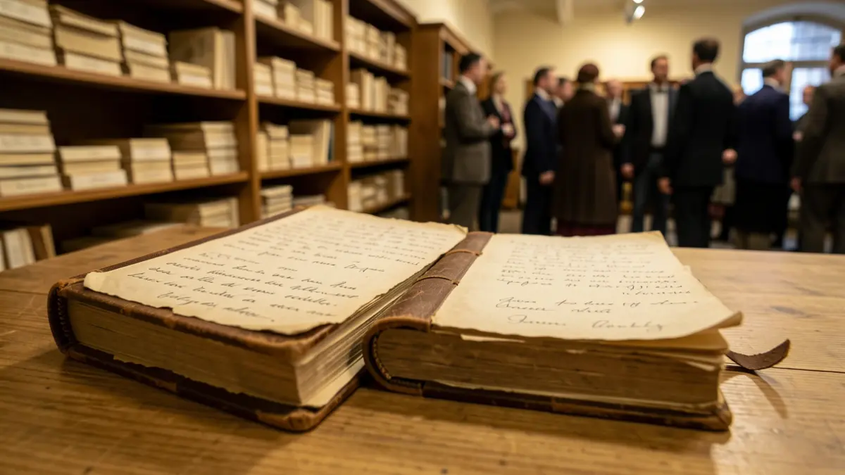 Close-up of two old, handwritten diaries with aged paper and leather bindings, resting on a wooden table. Blurred shelves filled with historical documents in the background.
