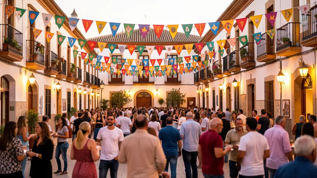 Imagen genérica de una plaza andaluza decorada para una feria con ambiente festivo.