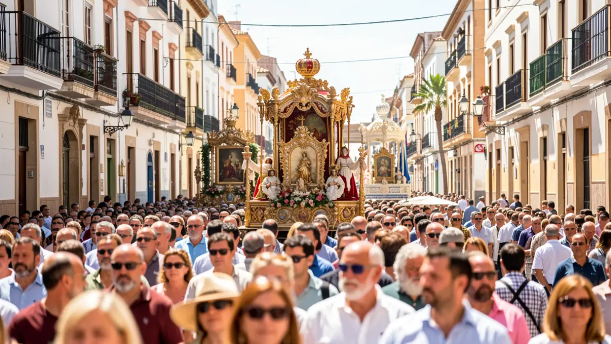 Imagen genérica de una procesión del Corpus Christi en Cádiz con carrozas y público.