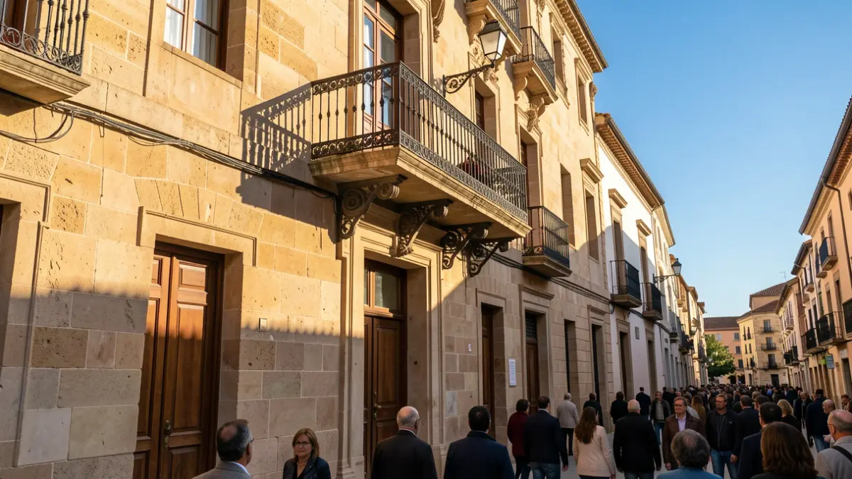 Fachada de un ayuntamiento andaluz con balcón y barandillas de hierro, luz cálida de la tarde.