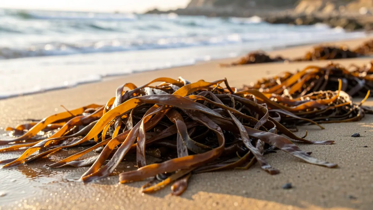 Generic image of a beach with invasive seaweed on the shore.