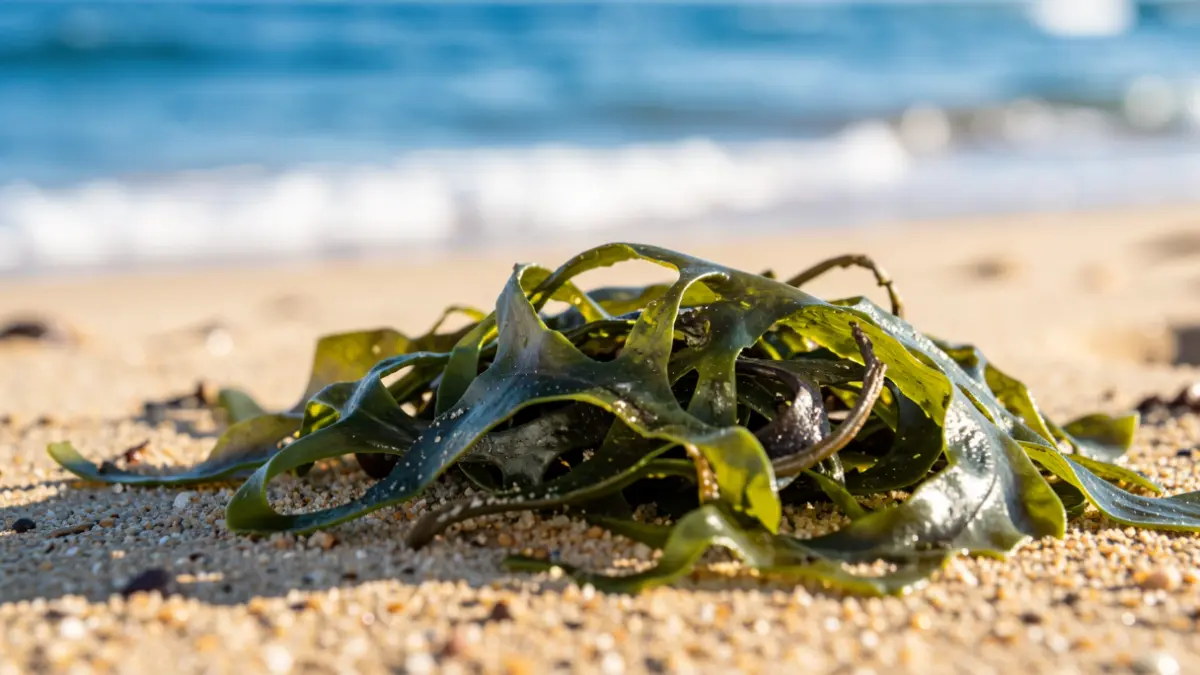 Close-up of a Rugulopterix okamurae seaweed on a Cádiz beach, with the sea in the background.