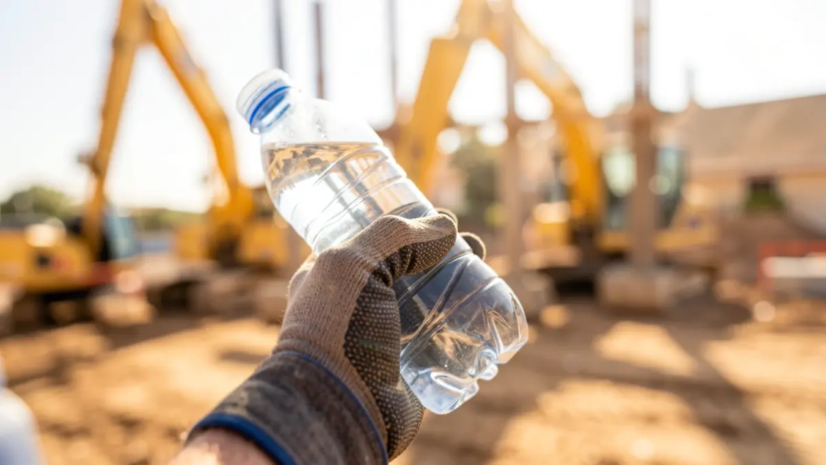 Primer plano de la mano enguantada de un trabajador de la construcción sujetando una botella de agua, con la obra y el sol intenso desenfocados al fondo.