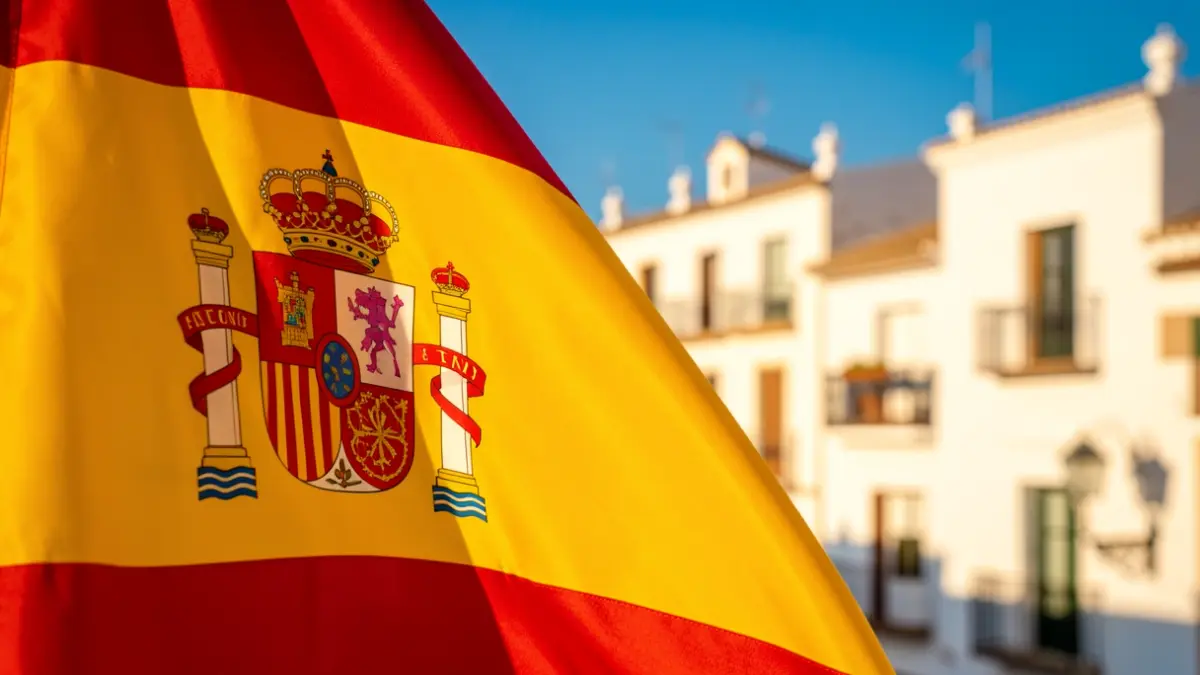 Detalle de la bandera de España con edificios blancos andaluces al fondo.