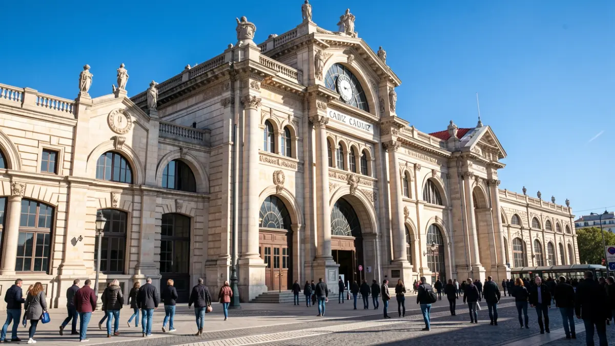 Fachada de la histórica estación de tren de Cádiz de 1905, recién accesible tras décadas, mostrando su grandeza arquitectónica bajo un cielo azul brillante.