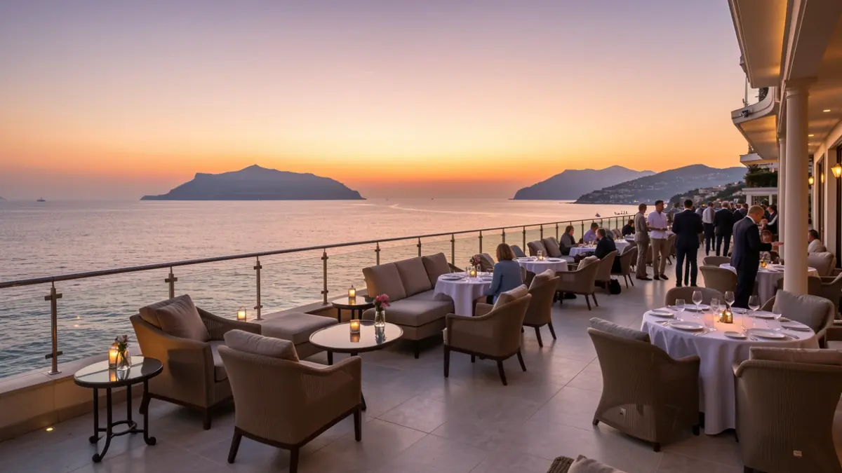 Imagen genérica de una terraza de hotel de lujo con vistas al mar al atardecer.