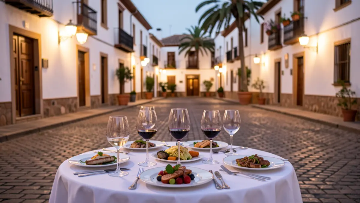 Plaza andaluza al atardecer con mesa de degustación gastronómica.