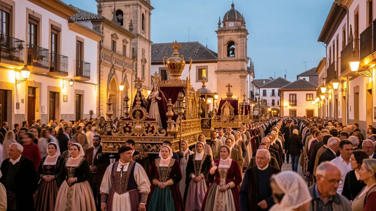 Procesión religiosa en una ciudad andaluza al atardecer.