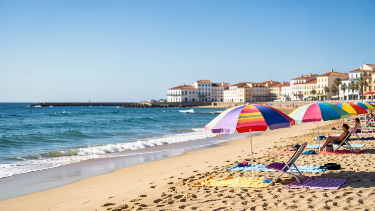 Imagen de una playa en Huelva con sombrillas y el mar.