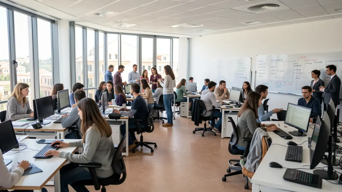 Image of a modern, bright classroom at Campus 42 Málaga, with students collaborating on technology projects.