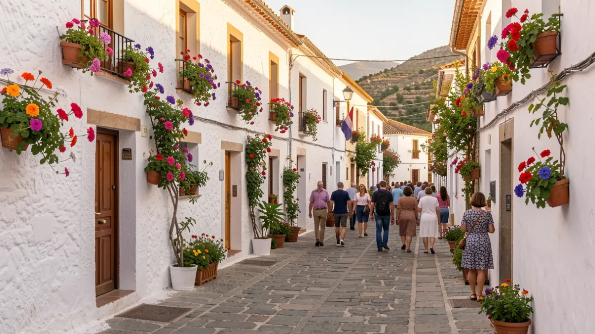 Calle tradicional de un pueblo blanco de la Alpujarra almeriense con casas encaladas y flores.