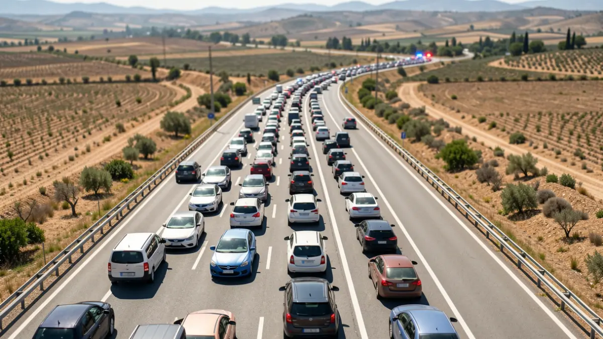 Aerial view of a traffic jam stretching for miles on the A-7 highway near Palmones, with emergency lights visible in the distance.
