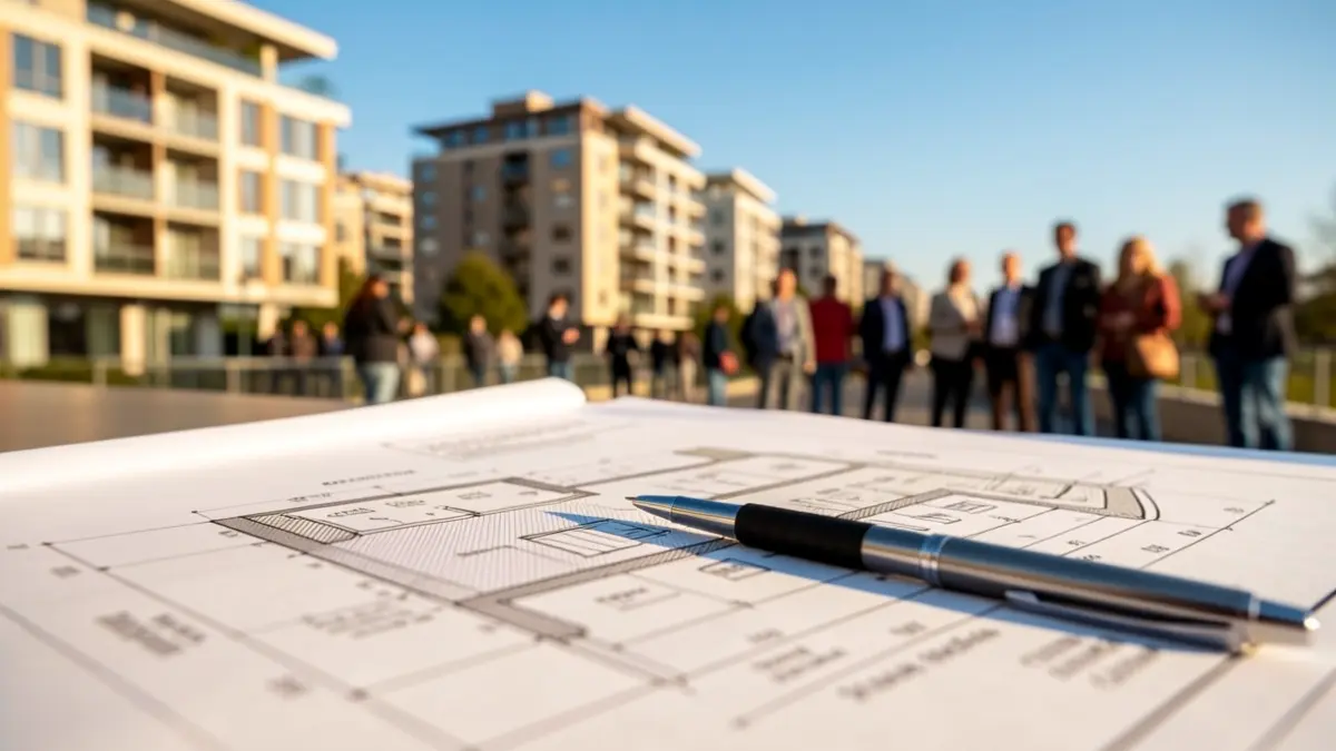 Primer plano de un plano de desarrollo de viviendas en España con un bolígrafo encima, con edificios de apartamentos modernos desenfocados al fondo bajo un cielo azul.