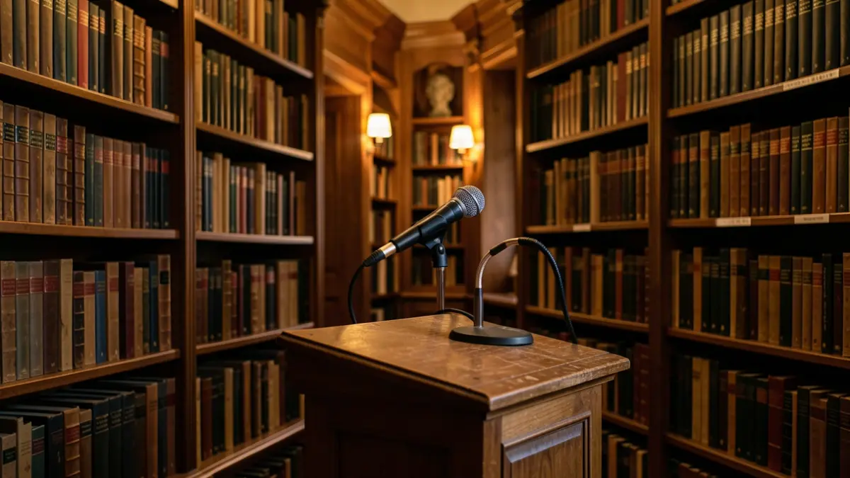Imagen genérica de una biblioteca con un micrófono en un atril.