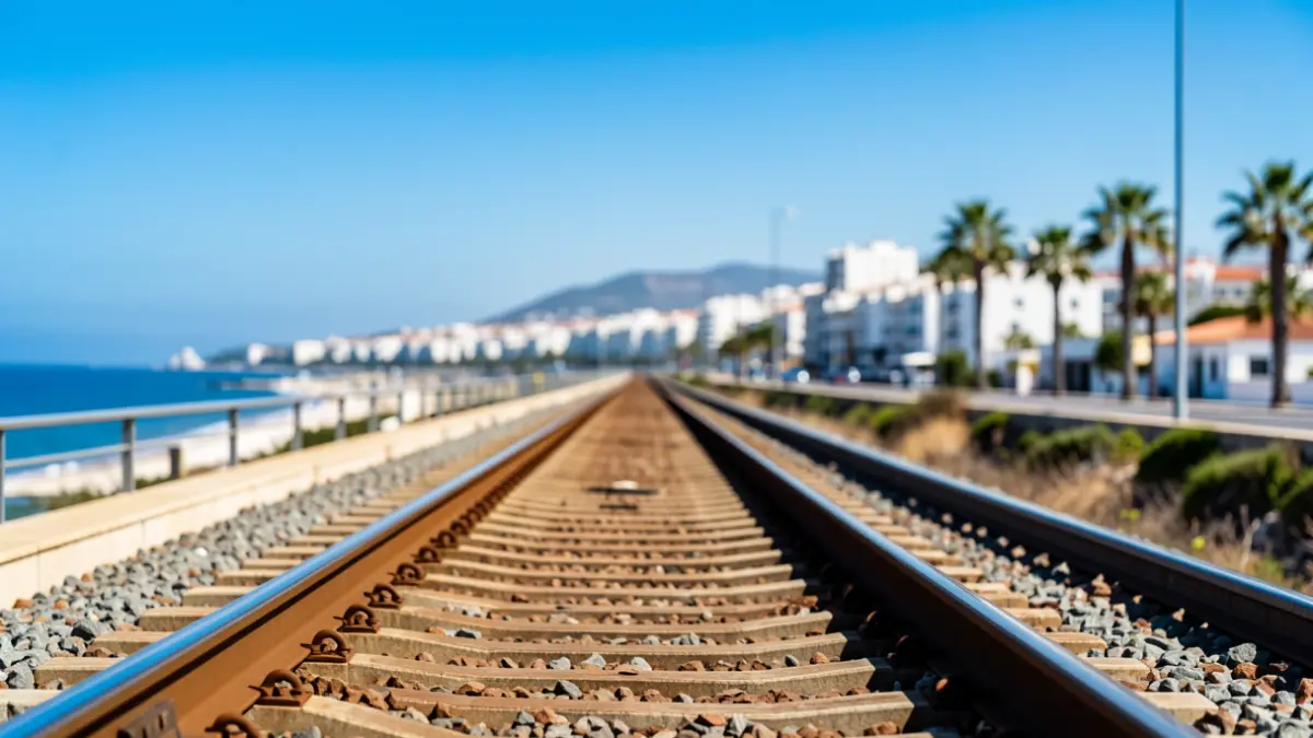 High-speed train track in Andalusia with a coastal city silhouette in the background.