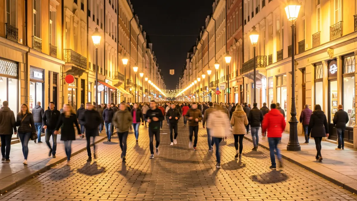 Imagen genérica de una carrera nocturna urbana con corredores difuminados y luces de la ciudad.