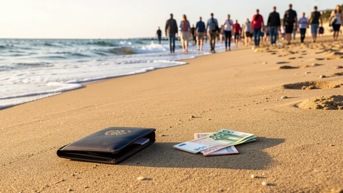 Lost wallet on a beach with a passport and euros nearby.