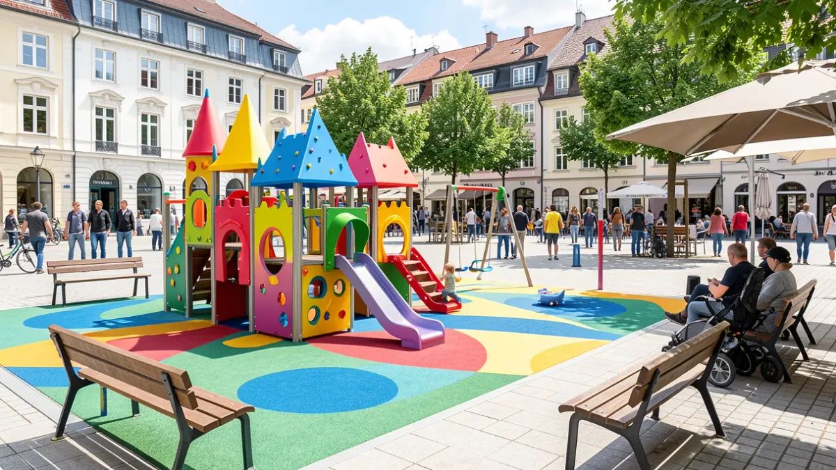 Generic image of a modern and safe children's playground in a town square.