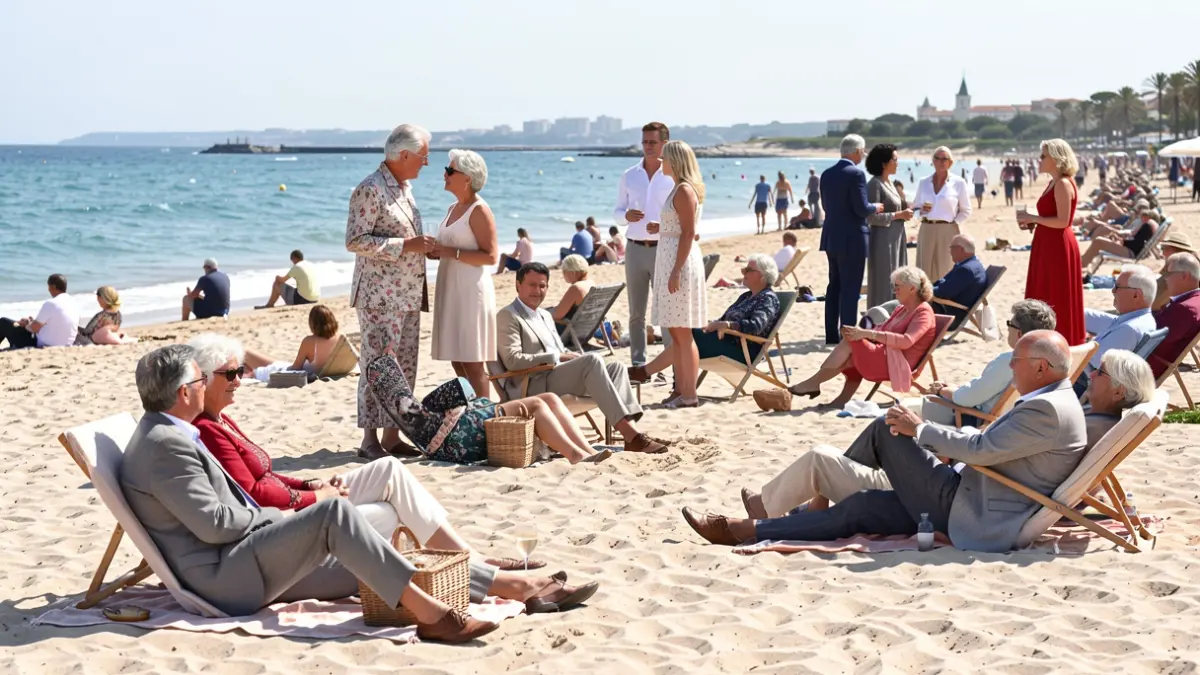 Group of elegant older adults on a sunny beach.
