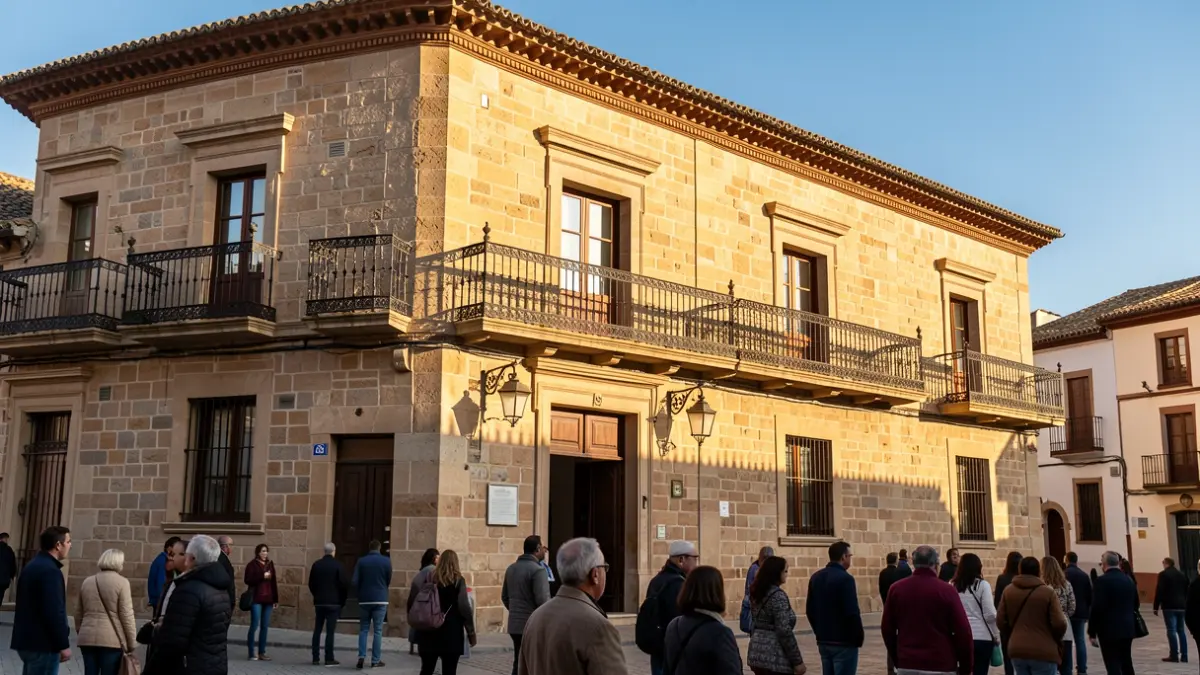 Facade of an Andalusian town hall with iron balconies, under the afternoon sunlight.