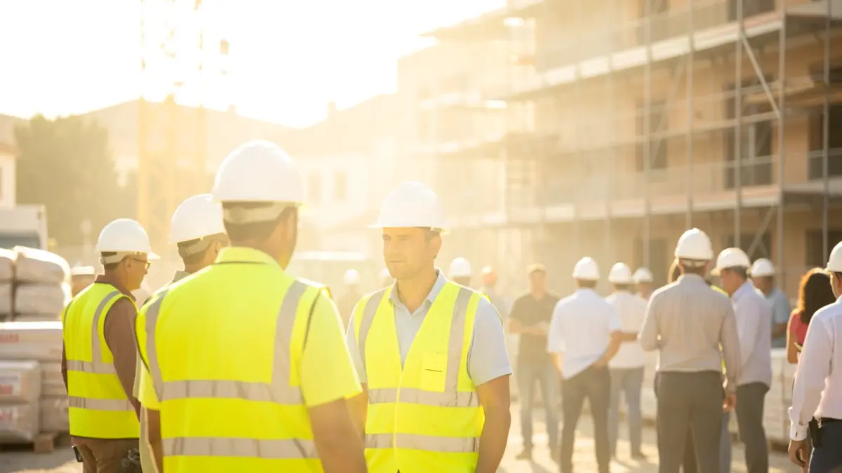 Construction workers on a worksite under intense sun in Andalusia.