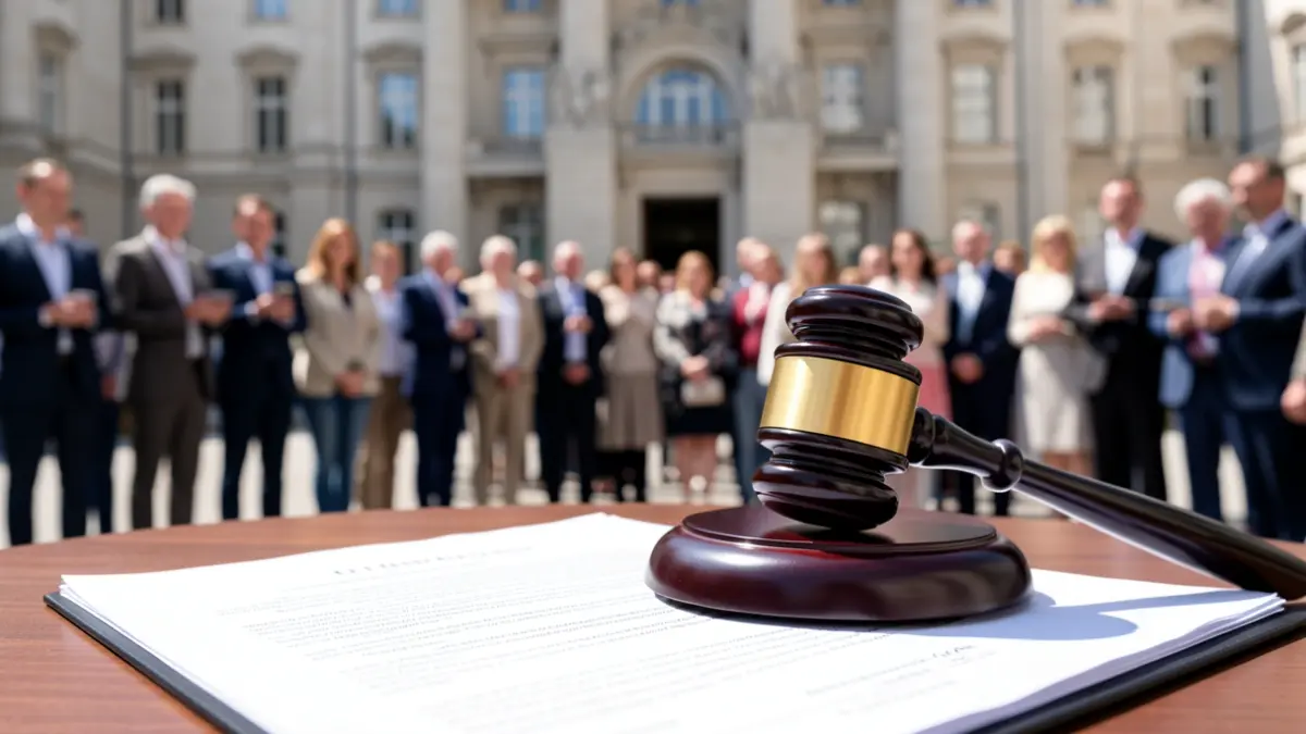 Generic image of a judge's gavel on legal documents in front of a courthouse.