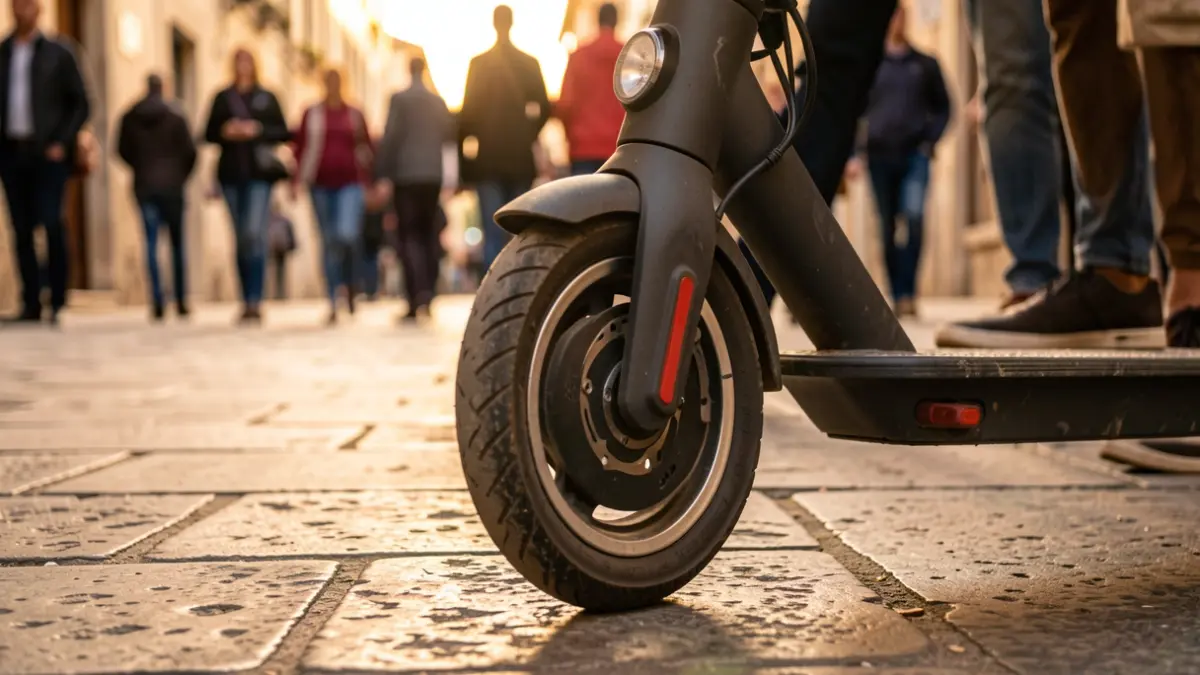 Generic image of an electric scooter wheel on a stone sidewalk.